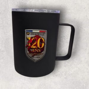 Mug isotherme noir avec couvercle pompiers lyon corneille 120 ans